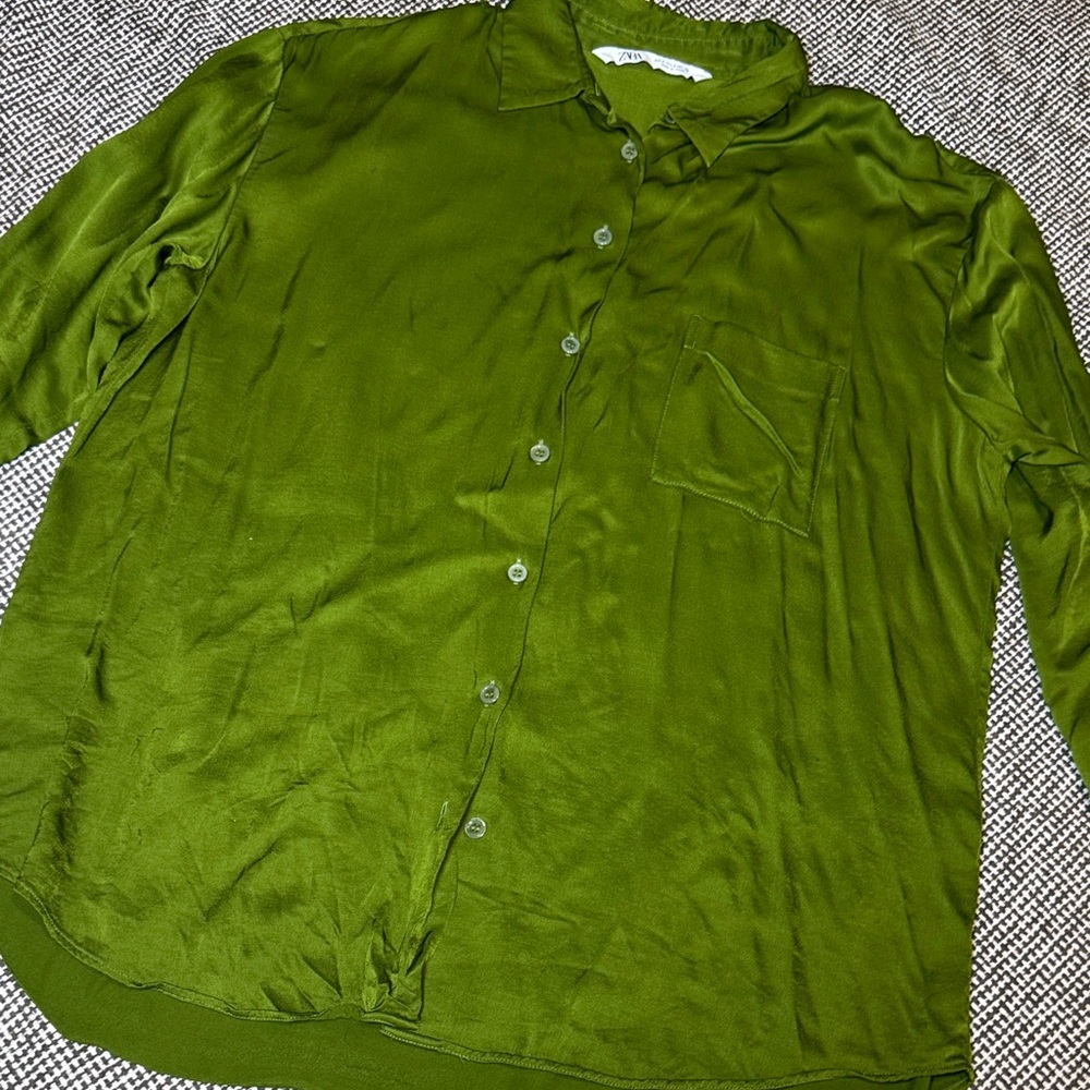 Zara Olive Button Down Satin Shirt - Picture 4 of 5